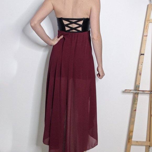 Casting Hi-Low Burgundy Dress with Black Leather Top - Picture 4 of 4